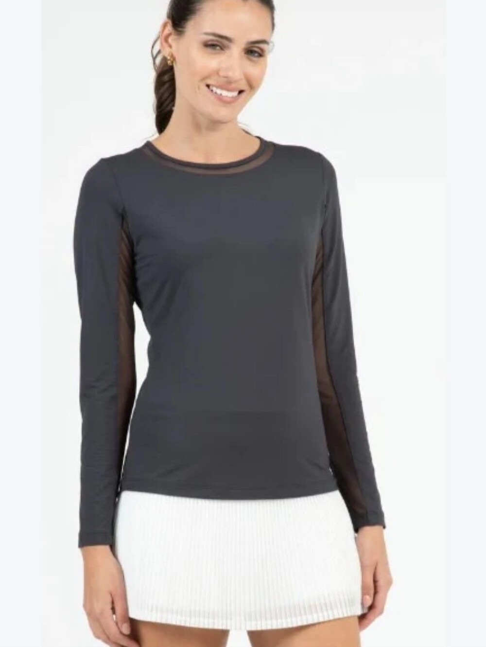 Ibkul Black Long Sleeve Mesh Inlay Crewneck Top
